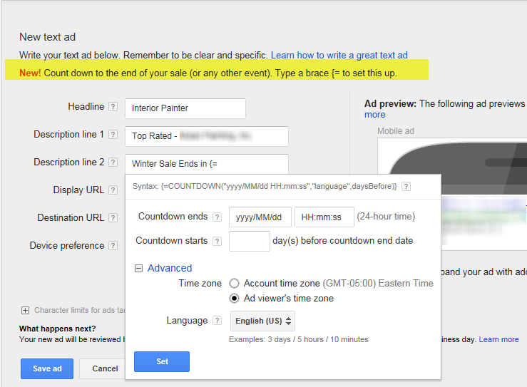 Add Countdown Timer to Google AdWords Ads Without Using Scripts