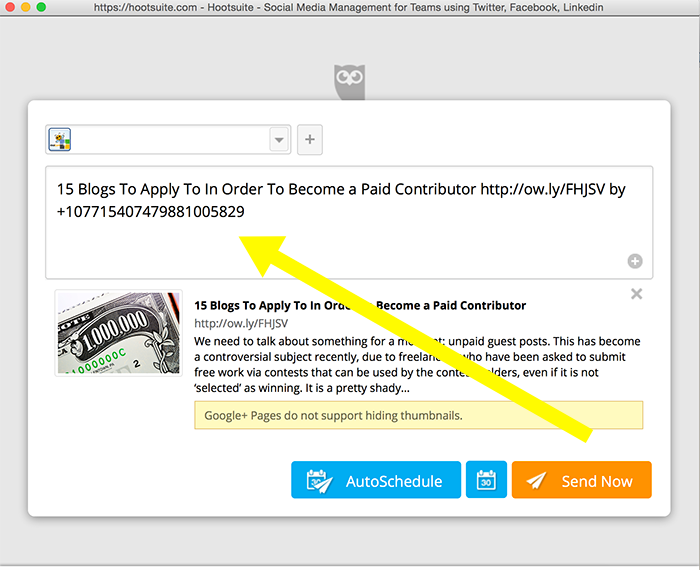posting to Google Plus from Hootsuite and tagging a user