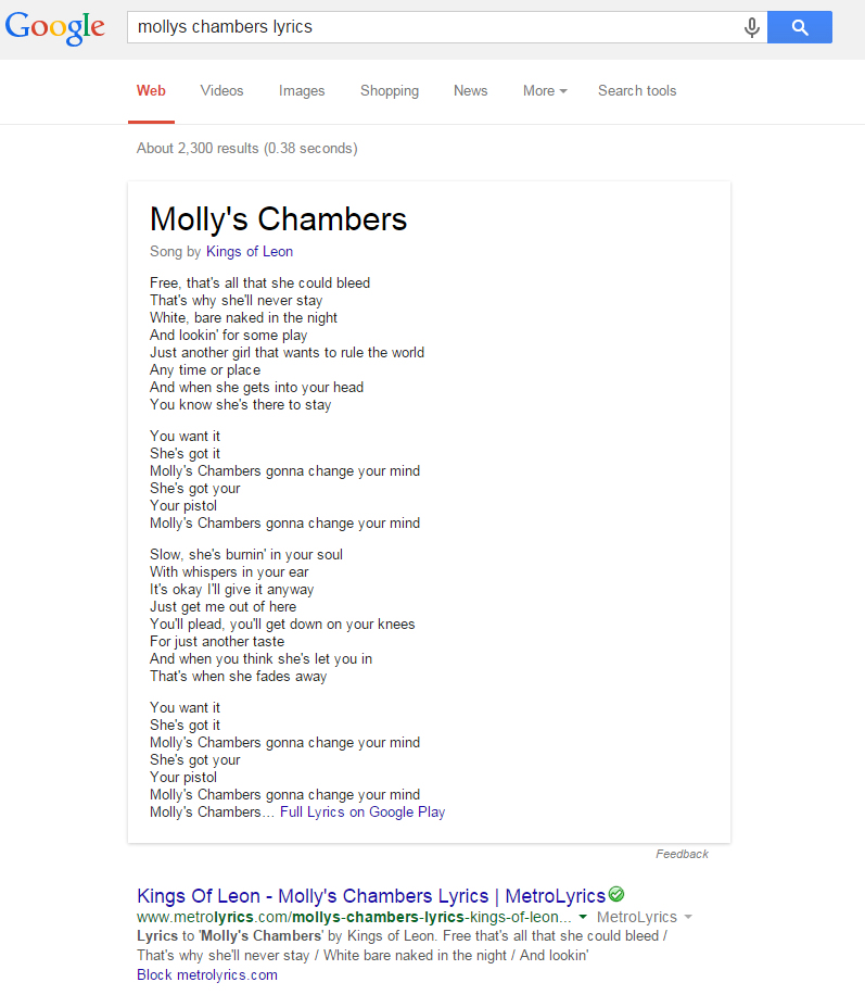 Google Begins Showing Song Lyrics in Search Results via Knowledge Graph