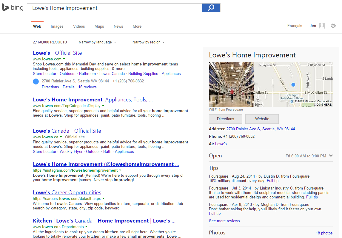 Bing Including Foursquare Photos & Tips in Local Knowledge Graph