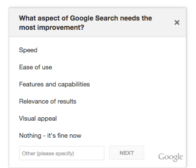 Google Asking Searchers What Needs Most Improvement