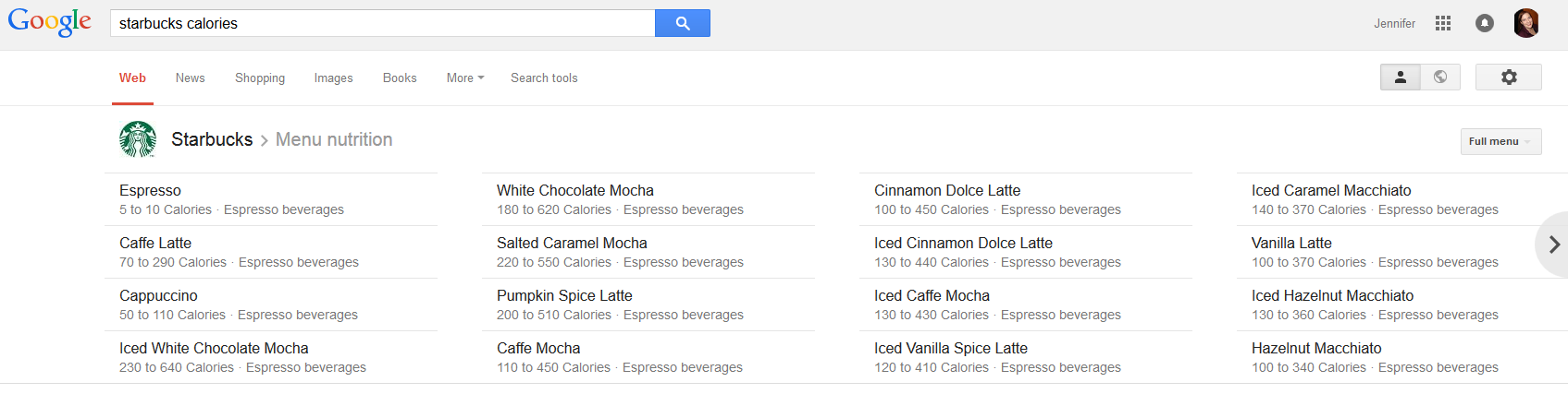 Google Adds Rich Lists for Calories in Restaurant Chain Menus