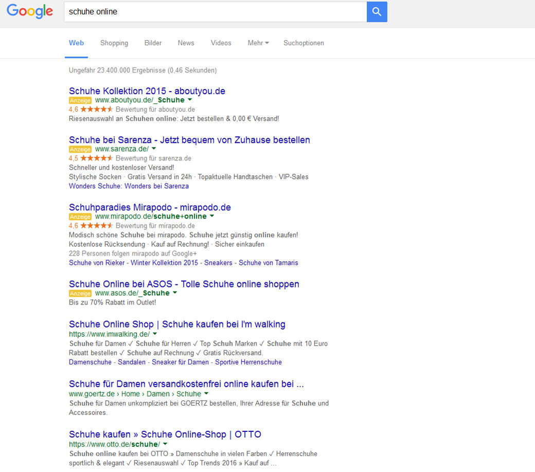 Four Google AdWords Ads Above SERPs in US & Germany