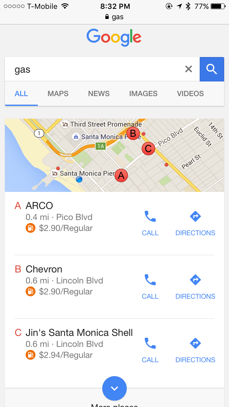 Google & Bing Add Gas Pricing to Local Search Results